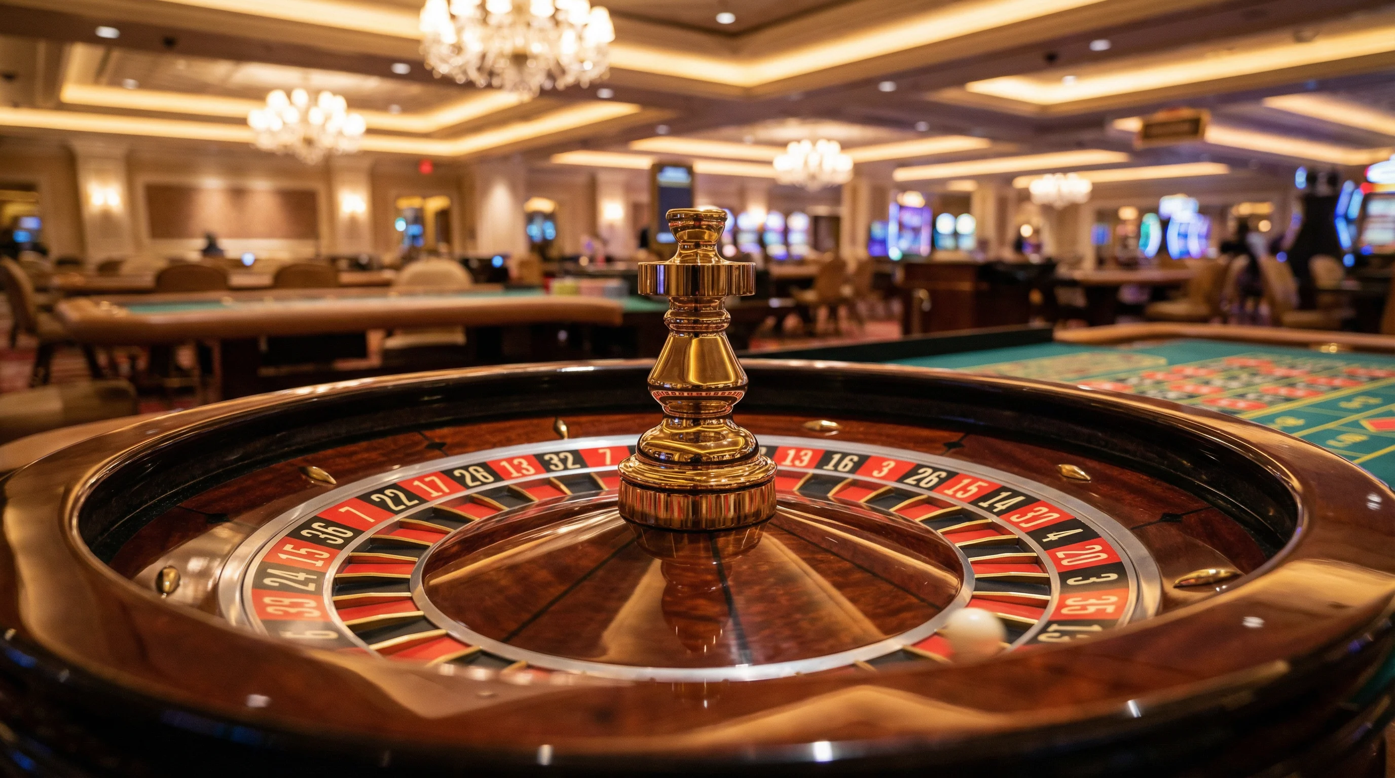 Ruleta europea girando en casino de lujo con acabado dorado